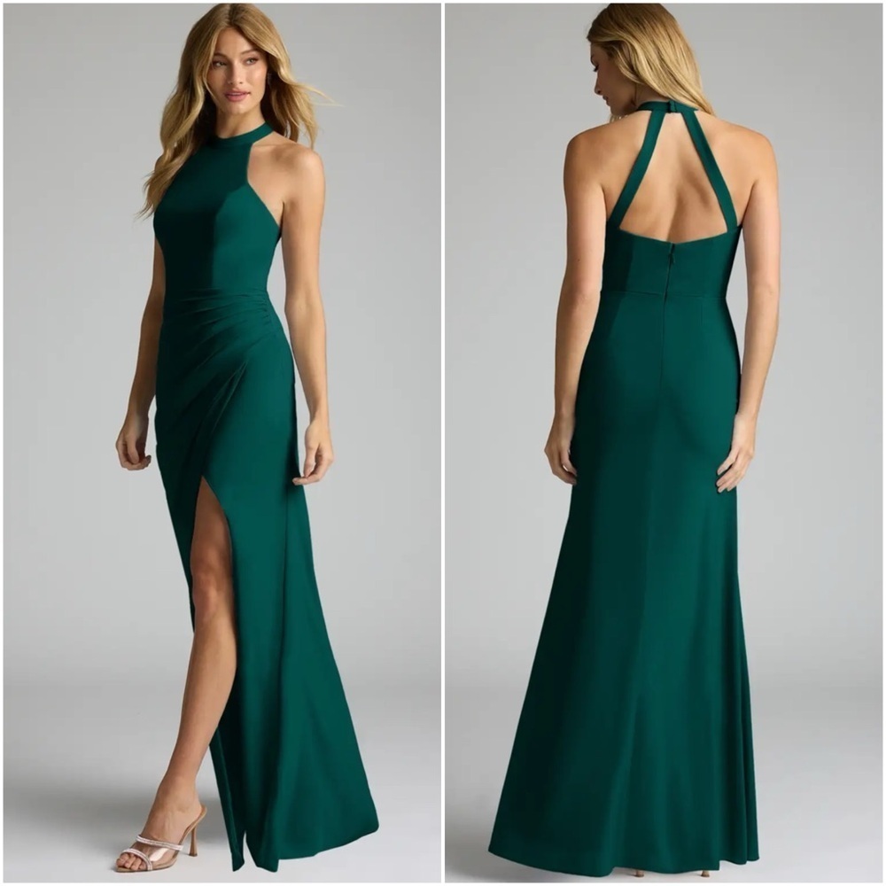 AZAZIE GALICIA Pine Mermaid Halter Pleated Stretch Chiffon Dress
